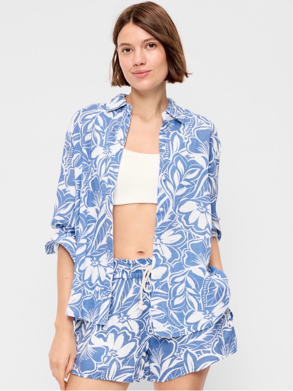 NWT Old Navy Open-Back Button Down Shirt, Paradise Blue Floral Print